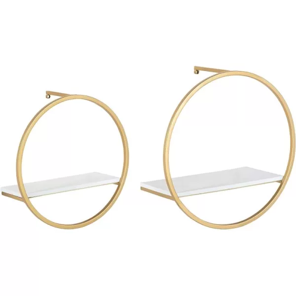 Kate and Laurel Wicks Modern Glam Floating Wall Shelf Set of 2  Round Gold Metal Frame with White Painted Solid Wood Shelf BoardsWhiteGold