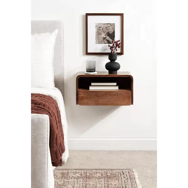 Kate and Laurel Kato Modern Wood Floating Side Table with Drawer 18 x 10 x 9 Walnut Brown Contemporary Wooden Floating Nightstand for Bedroom Bedside Table