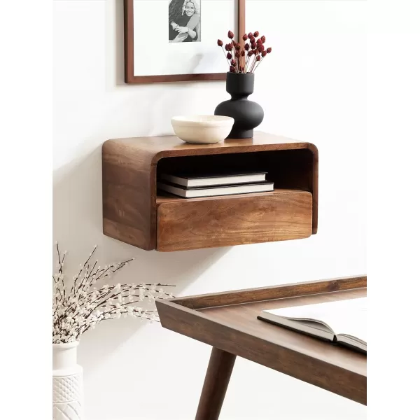 Kate and Laurel Kato Modern Wood Floating Side Table with Drawer 18 x 10 x 9 Walnut Brown Contemporary Wooden Floating Nightstand for Bedroom Bedside Table