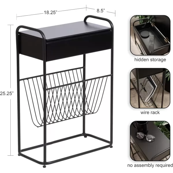 Kate and Laurel Kura Modern Glam Narrow Side Table with Bottom Wire Storage Rack and LIFTop Tabletop 19x9x26 Black