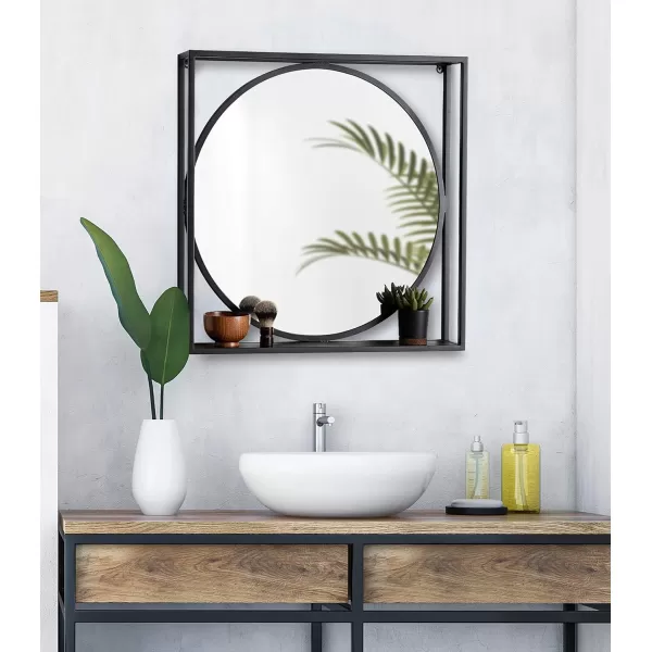 Kate and Laurel Metal McCauley WallMounted Mirror with Wooden Shelf 24quot x 24quot Black Modern Accent for WallBlack