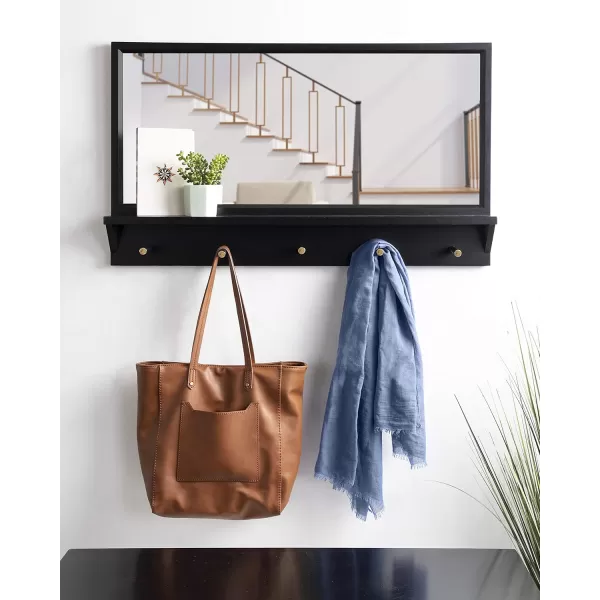 Kate and Laurel Milley Modern Wood Framed Pub Mirror 36 x 21 Black Chic Transitional Mirror with Shelf and Hooks