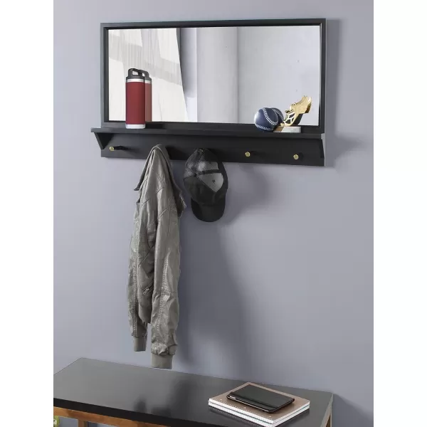 Kate and Laurel Milley Modern Wood Framed Pub Mirror 36 x 21 Black Chic Transitional Mirror with Shelf and Hooks