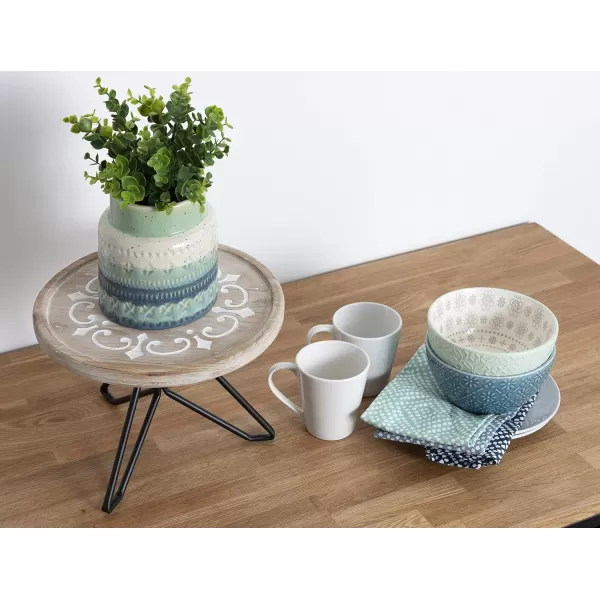 Kate and Laurel Sherald Rustic Carved Wood Pedestal Tray 11 Inch Diameter Whitewash Decorative Centerpiece Display Stand