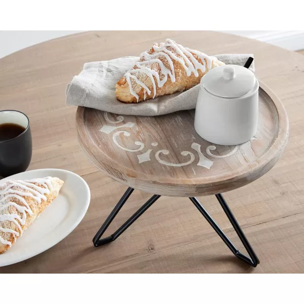 Kate and Laurel Sherald Rustic Carved Wood Pedestal Tray 11 Inch Diameter Whitewash Decorative Centerpiece Display Stand