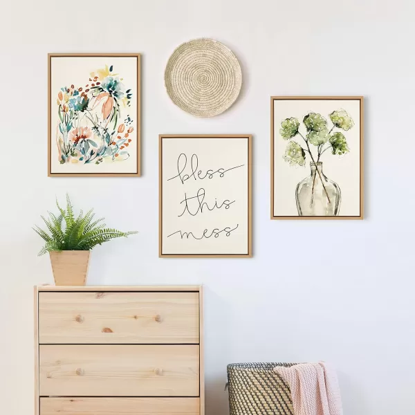 Kate and Laurel Sylvie Bless This Mess Framed Linen Textured Canvas Wall Art by Maggie Price of Hunt and Gather Goods 18x24 Natural Humorous Motivational Art for Wall
