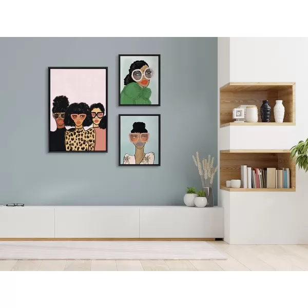 Kate and Laurel Sylvie 3 Girls Shade Squad Fashion Girl 2 Blue and Green Coat Framed Canvas Wall Art Set by Kendra Dandy of Bouffants and Broken Hearts Set of 3 two 16x20 and one 23x33 Black Finish Frames Chic Modern Home Decor
