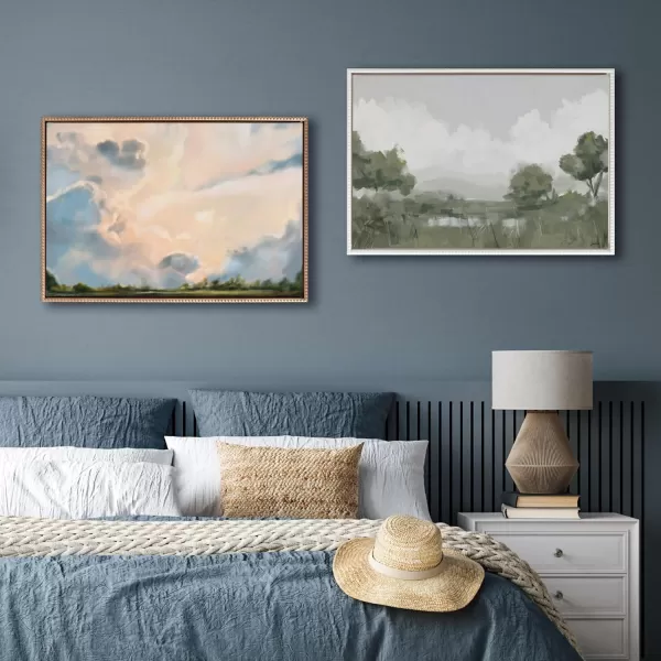 Kate and Laurel Sylvie Beaded Shades of Olive Vintage Framed Canvas Wall Art by Mary Sparrow 18x40 White Modern Abstract Tree Landscape Art for WallWhite