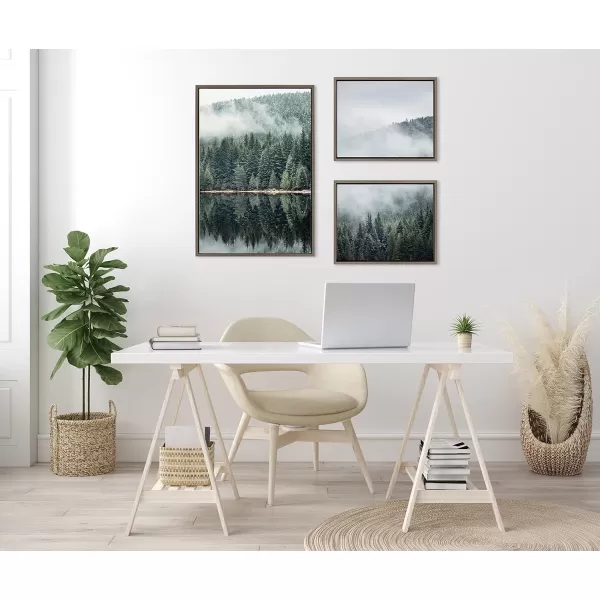 Kate and Laurel Sylvie Evergreen Reflections in Fog Framed Canvas Wall Art Set by Emiko and Mark Franzen of F2Images 3 Piece Set Brown Natural Mountain Tree Landscape Art for Wall DecorGray