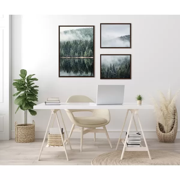 Kate and Laurel Sylvie Evergreen Reflections in Fog Framed Canvas Wall Art Set by Emiko and Mark Franzen of F2Images 3 Piece Set Brown Natural Mountain Tree Landscape Art for Wall DecorBrown