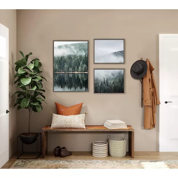 Kate and Laurel Sylvie Evergreen Reflections in Fog Framed Canvas Wall Art Set by Emiko and Mark Franzen of F2Images 3 Piece Set Brown Natural Mountain Tree Landscape Art for Wall DecorGray