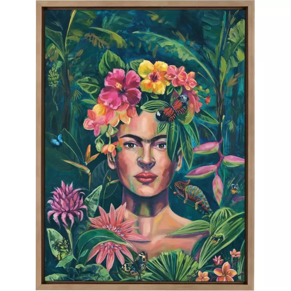 Kate and Laurel Sylvie Frida In The Wild Framed Canvas Wall Art by Rachel Christopoulos 18x24 Gold Modern Floral Female Portrait Art