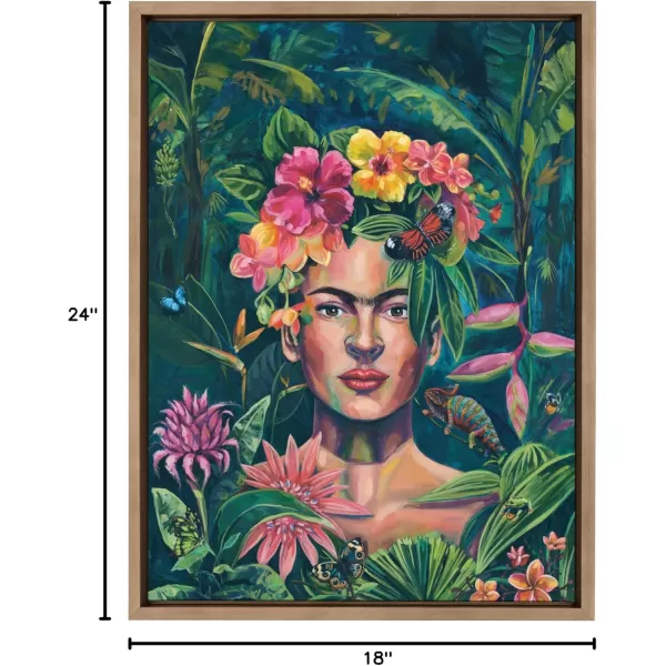 Kate and Laurel Sylvie Frida In The Wild Framed Canvas Wall Art by Rachel Christopoulos 18x24 Gold Modern Floral Female Portrait Art