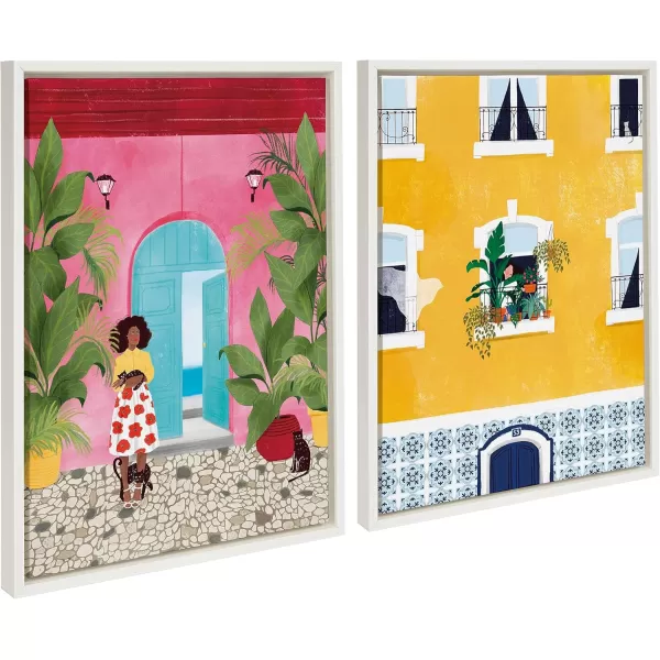 Kate and Laurel Sylvie Opportunities and Lisbon Framed Canvas Wall Art Set by Maja Tomljanovic 2 Piece 18x24 White Modern Colorful Feminine Art for Wall