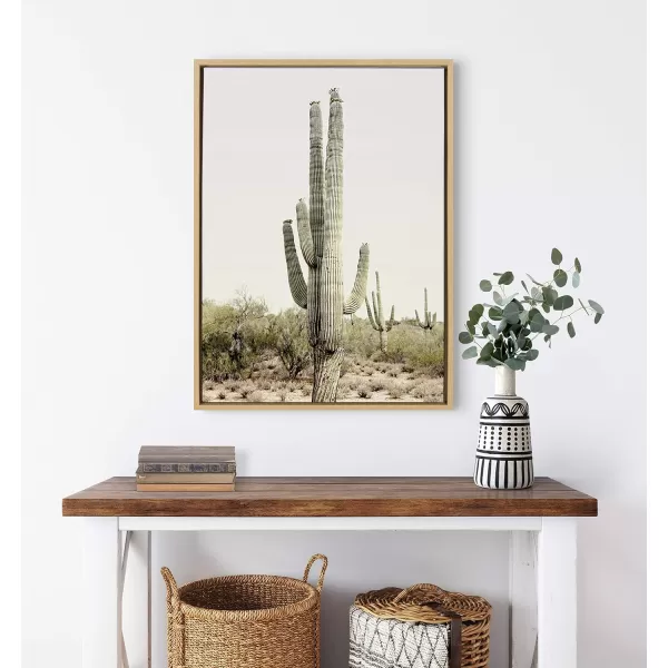 Kate and Laurel Sylvie Sunrise Cactus Framed Canvas Wall Art by Amy Peterson 23x33 Natural Peaceful Art for WallNatural