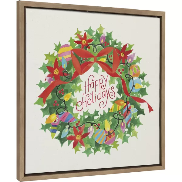 Kate and Laurel x Shannon Snow Xmas Wreath Happy Holidays Framed Linen Textured Canvas Wall Art 22x22 Gold Decorative Holiday Art for Wall