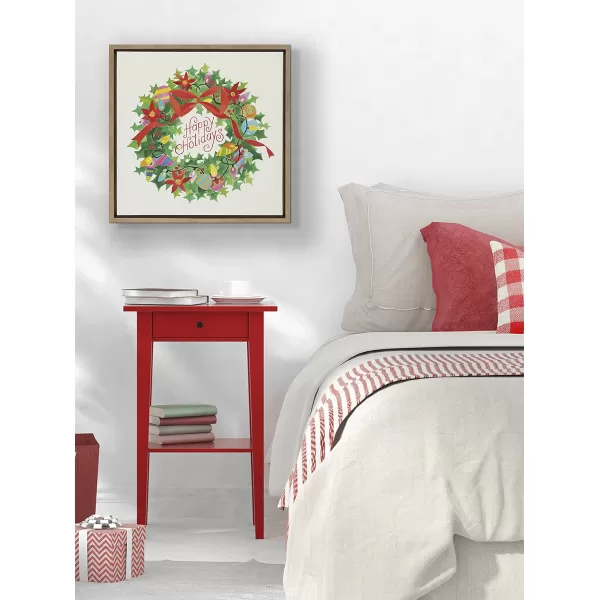 Kate and Laurel x Shannon Snow Xmas Wreath Happy Holidays Framed Linen Textured Canvas Wall Art 22x22 Gold Decorative Holiday Art for Wall