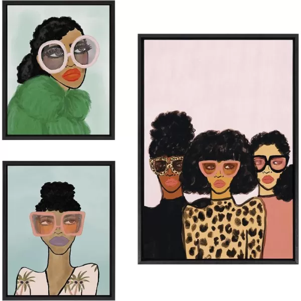 Kate and Laurel Sylvie 3 Girls Shade Squad Fashion Girl 2 Blue and Green Coat Framed Canvas Wall Art Set by Kendra Dandy of Bouffants and Broken Hearts Set of 3 two 16x20 and one 23x33 Black Finish Frames Chic Modern Home Decor