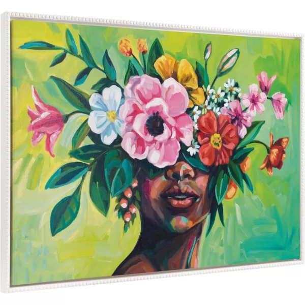 Kate and Laurel Sylvie Beaded She Chose to Flourish Vintage Framed Canvas Wall Art by Rachel Christopoulos 23x33 White Colorful Female Floral Portrait Art for Wall