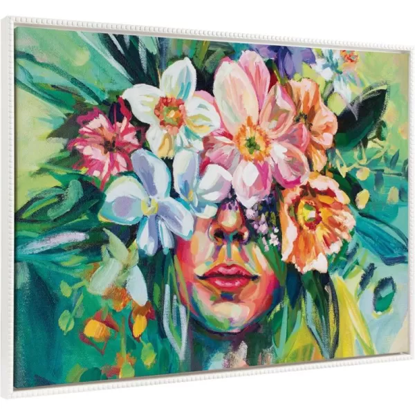 Kate and Laurel Sylvie Beaded She Thrived in the Overgrowth Vintage Framed Canvas Wall Art by Rachel Christopoulos 23x33 White Colorful Female Floral Portrait Art for Wall