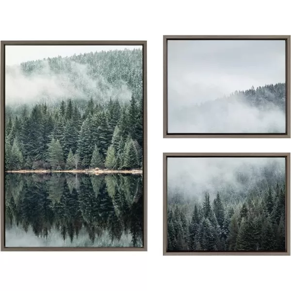 Kate and Laurel Sylvie Evergreen Reflections in Fog Framed Canvas Wall Art Set by Emiko and Mark Franzen of F2Images 3 Piece Set Brown Natural Mountain Tree Landscape Art for Wall DecorGray