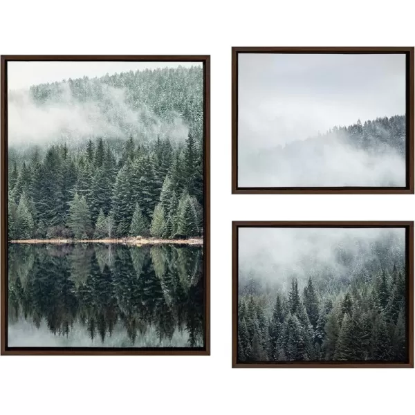 Kate and Laurel Sylvie Evergreen Reflections in Fog Framed Canvas Wall Art Set by Emiko and Mark Franzen of F2Images 3 Piece Set Brown Natural Mountain Tree Landscape Art for Wall DecorBrown