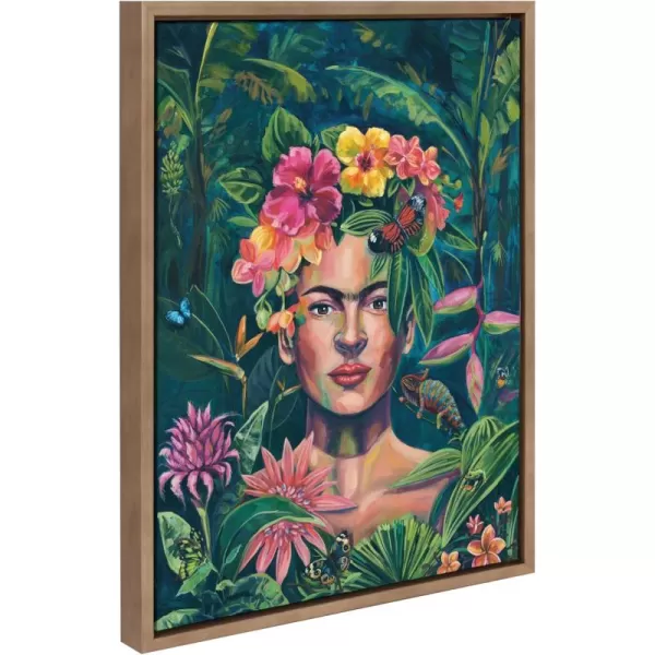 Kate and Laurel Sylvie Frida In The Wild Framed Canvas Wall Art by Rachel Christopoulos 18x24 Gold Modern Floral Female Portrait Art