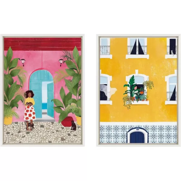 Kate and Laurel Sylvie Opportunities and Lisbon Framed Canvas Wall Art Set by Maja Tomljanovic 2 Piece 18x24 White Modern Colorful Feminine Art for Wall