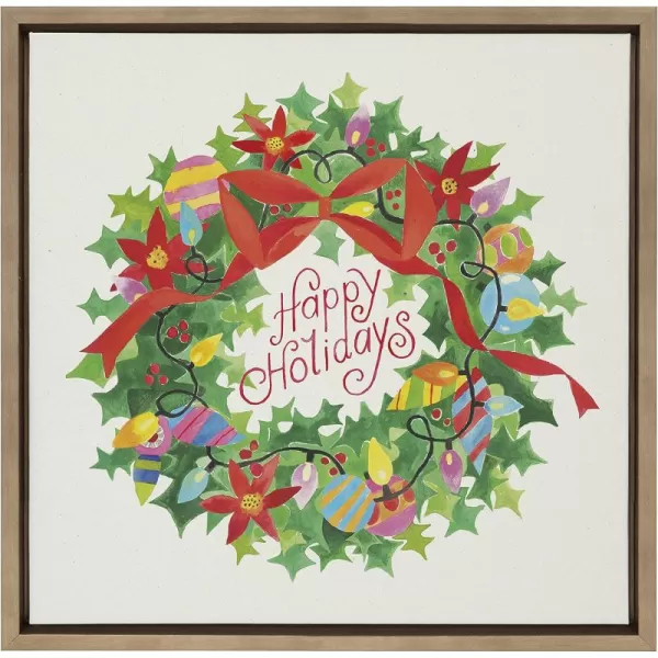 Kate and Laurel x Shannon Snow Xmas Wreath Happy Holidays Framed Linen Textured Canvas Wall Art 22x22 Gold Decorative Holiday Art for Wall