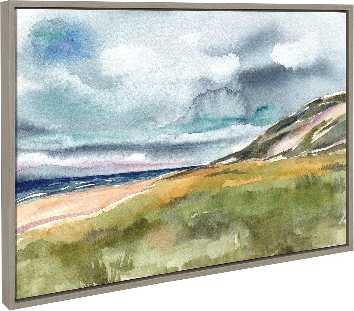 Kate and Laurel Sylvie Seascape Framed Canvas Wall Art by Patricia Shaw 23x33 Gray Decorative Watercolor Landscape Art Print for Wall