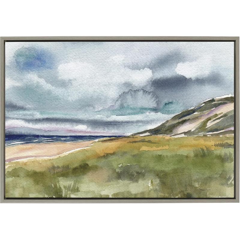 Kate and Laurel Sylvie Seascape Framed Canvas Wall Art by Patricia Shaw 23x33 Gray Decorative Watercolor Landscape Art Print for Wall
