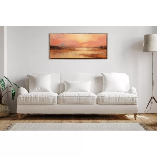 Kate and Laurel Sylvie Beaded Peach Landscape Vintage Framed Canvas Wall Art by The Creative Bunch Studio 18x40 Gold Golden Sunset Landscape Art for WallGold