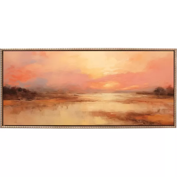 Kate and Laurel Sylvie Beaded Peach Landscape Vintage Framed Canvas Wall Art by The Creative Bunch Studio 18x40 Gold Golden Sunset Landscape Art for WallGold