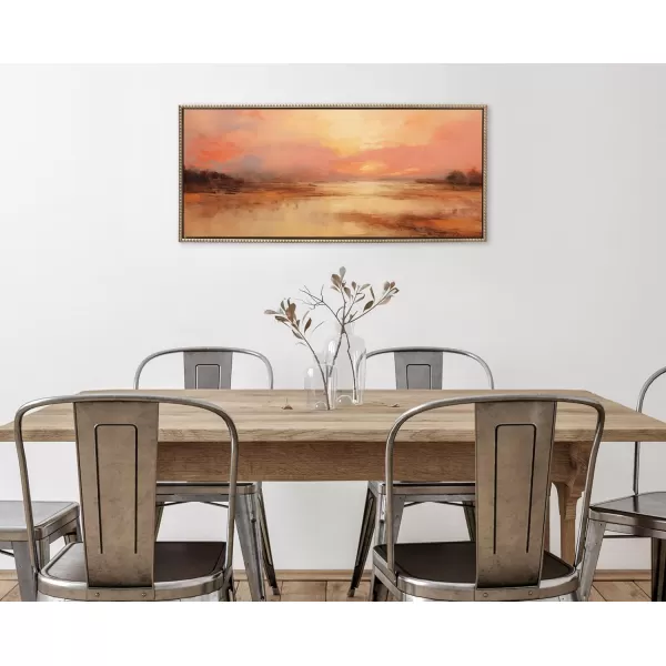 Kate and Laurel Sylvie Beaded Peach Landscape Vintage Framed Canvas Wall Art by The Creative Bunch Studio 18x40 Gold Golden Sunset Landscape Art for WallGold