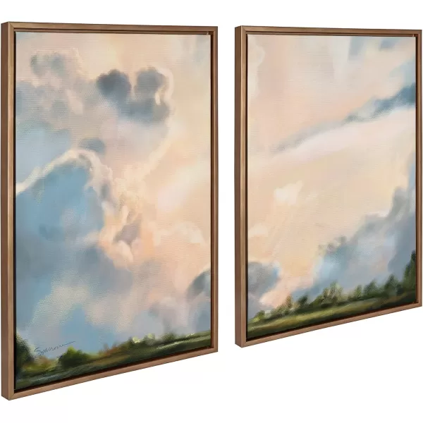 Kate and Laurel Sylvie Clouds Framed Canvas Wall Art by Mary Sparrow 18x40 Gold Modern Nature Skyline Art for WallGold