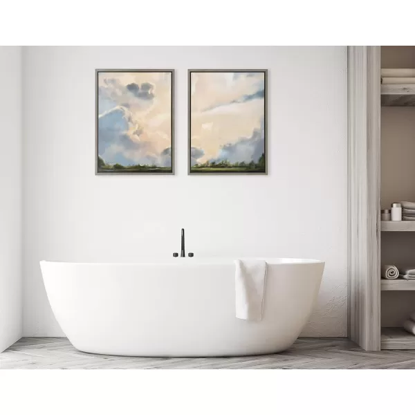 Kate and Laurel Sylvie Clouds Framed Canvas Wall Art by Mary Sparrow 18x40 Gold Modern Nature Skyline Art for WallGray
