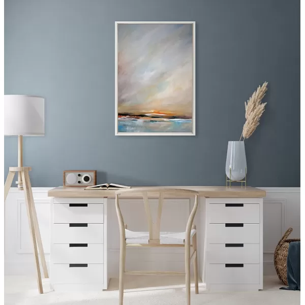 Kate and Laurel Sylvie Days End Framed Canvas Wall Art by Mary Sparrow 18x24 Gold Ocean Beach Sunset Landscape Coastal Art for WallWhite