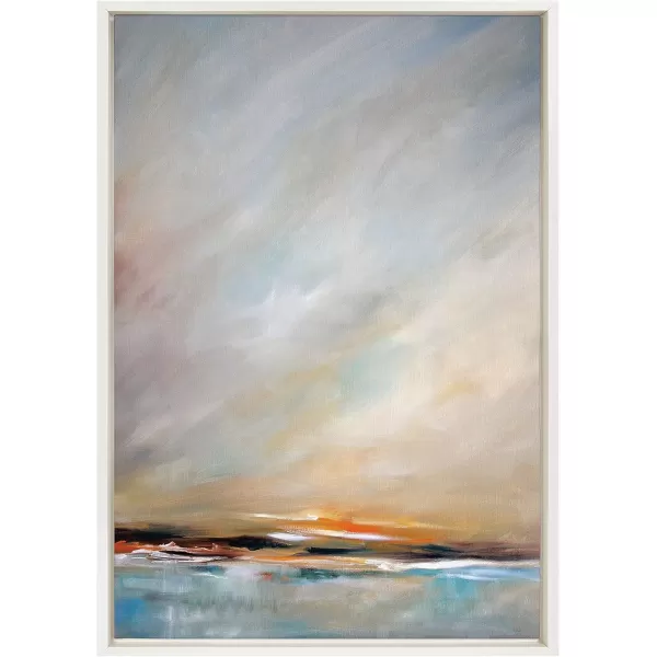 Kate and Laurel Sylvie Days End Framed Canvas Wall Art by Mary Sparrow 18x24 Gold Ocean Beach Sunset Landscape Coastal Art for WallWhite