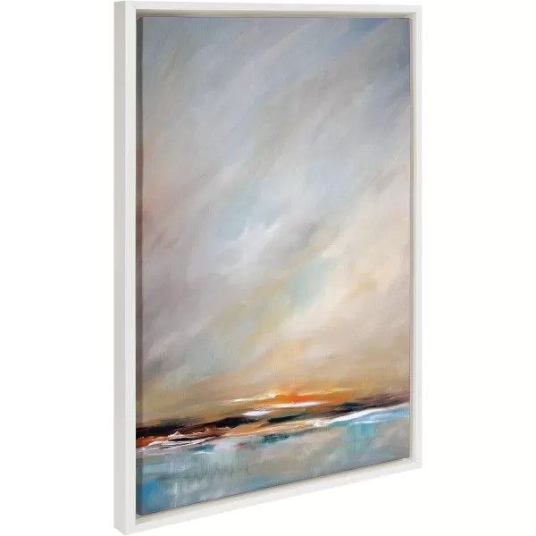 Kate and Laurel Sylvie Days End Framed Canvas Wall Art by Mary Sparrow 18x24 Gold Ocean Beach Sunset Landscape Coastal Art for WallWhite