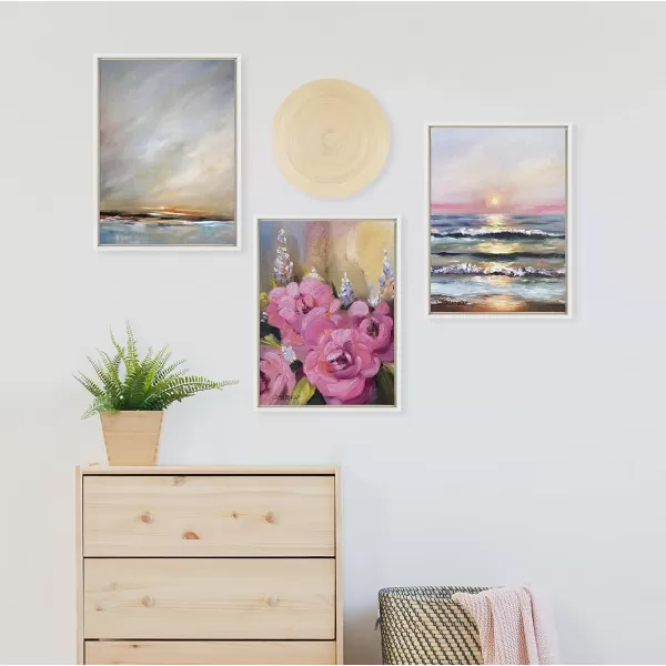 Kate and Laurel Sylvie Days End Framed Canvas Wall Art by Mary Sparrow 18x24 Gold Ocean Beach Sunset Landscape Coastal Art for WallWhite