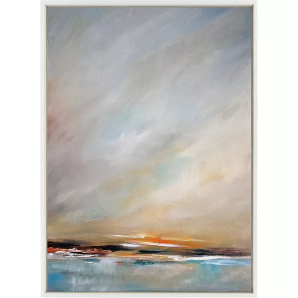 Kate and Laurel Sylvie Days End Framed Canvas Wall Art by Mary Sparrow 18x24 Gold Ocean Beach Sunset Landscape Coastal Art for WallWhite