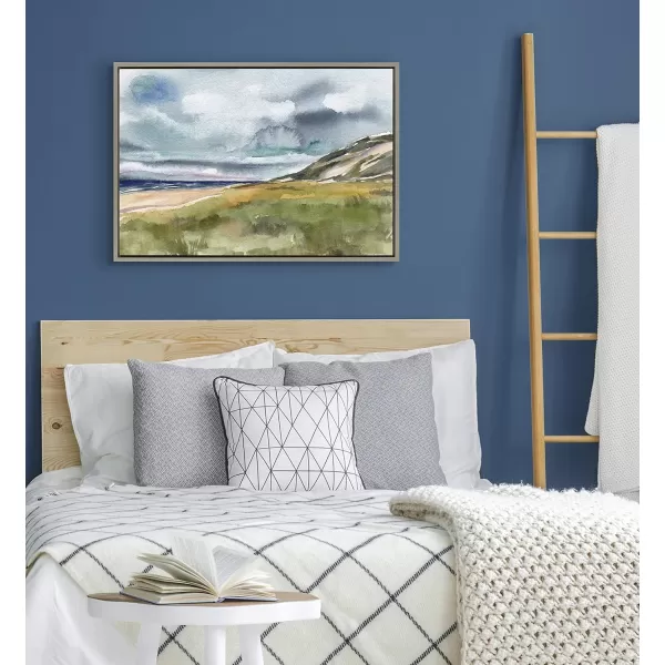 Kate and Laurel Sylvie Seascape Framed Canvas Wall Art by Patricia Shaw 23x33 Gray Decorative Watercolor Landscape Art Print for Wall