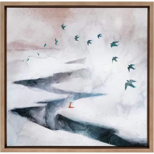 Kate and Laurel Sylvie Snow Day Fox and Birds Framed Canvas Wall Art by Faryn Hughes 22x22 Gold Modern Snowy Landscape Art for Wall
