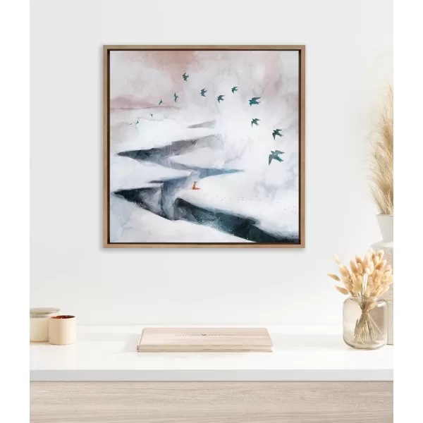Kate and Laurel Sylvie Snow Day Fox and Birds Framed Canvas Wall Art by Faryn Hughes 22x22 Gold Modern Snowy Landscape Art for Wall