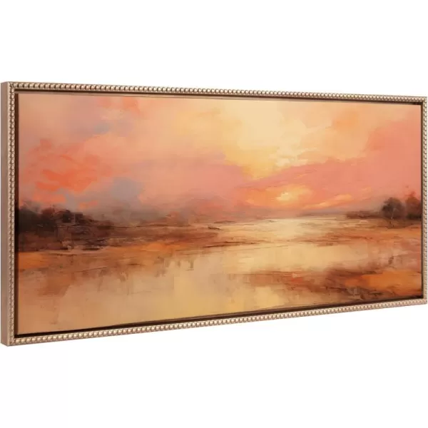 Kate and Laurel Sylvie Beaded Peach Landscape Vintage Framed Canvas Wall Art by The Creative Bunch Studio 18x40 Gold Golden Sunset Landscape Art for WallGold