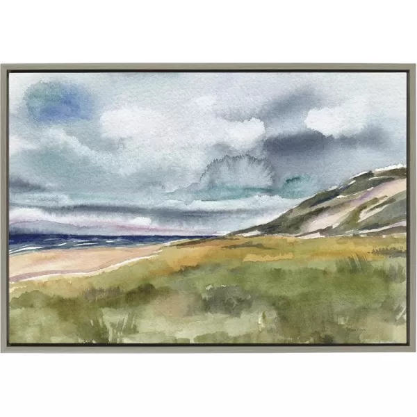Kate and Laurel Sylvie Seascape Framed Canvas Wall Art by Patricia Shaw 23x33 Gray Decorative Watercolor Landscape Art Print for Wall