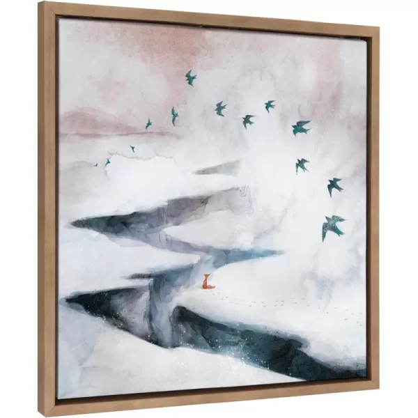 Kate and Laurel Sylvie Snow Day Fox and Birds Framed Canvas Wall Art by Faryn Hughes 22x22 Gold Modern Snowy Landscape Art for Wall