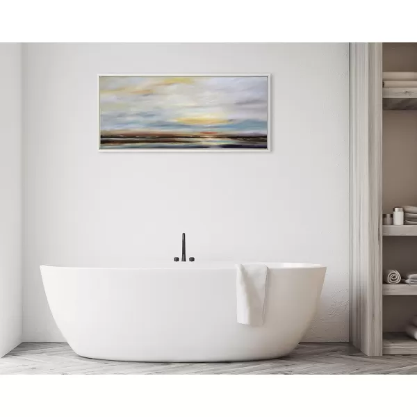 Kate and Laurel Sylvie Carolina Sunset Framed Canvas Wall Art by Mary Sparrow 18x40 White Modern Nature Skyline Art for WallWhite