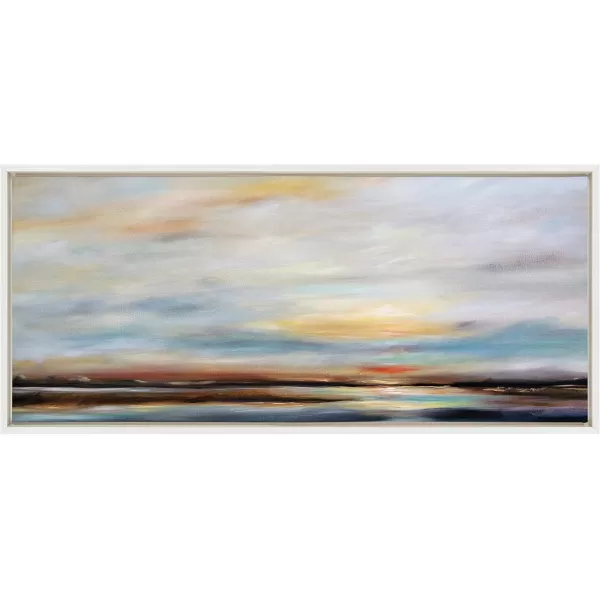 Kate and Laurel Sylvie Carolina Sunset Framed Canvas Wall Art by Mary Sparrow 18x40 White Modern Nature Skyline Art for WallWhite