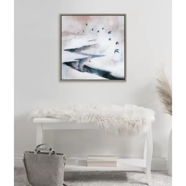 Kate and Laurel Sylvie Snow Day Fox and Birds Framed Canvas Wall Art by Faryn Hughes 22x22 Gray Modern Snowy Landscape Art for Wall